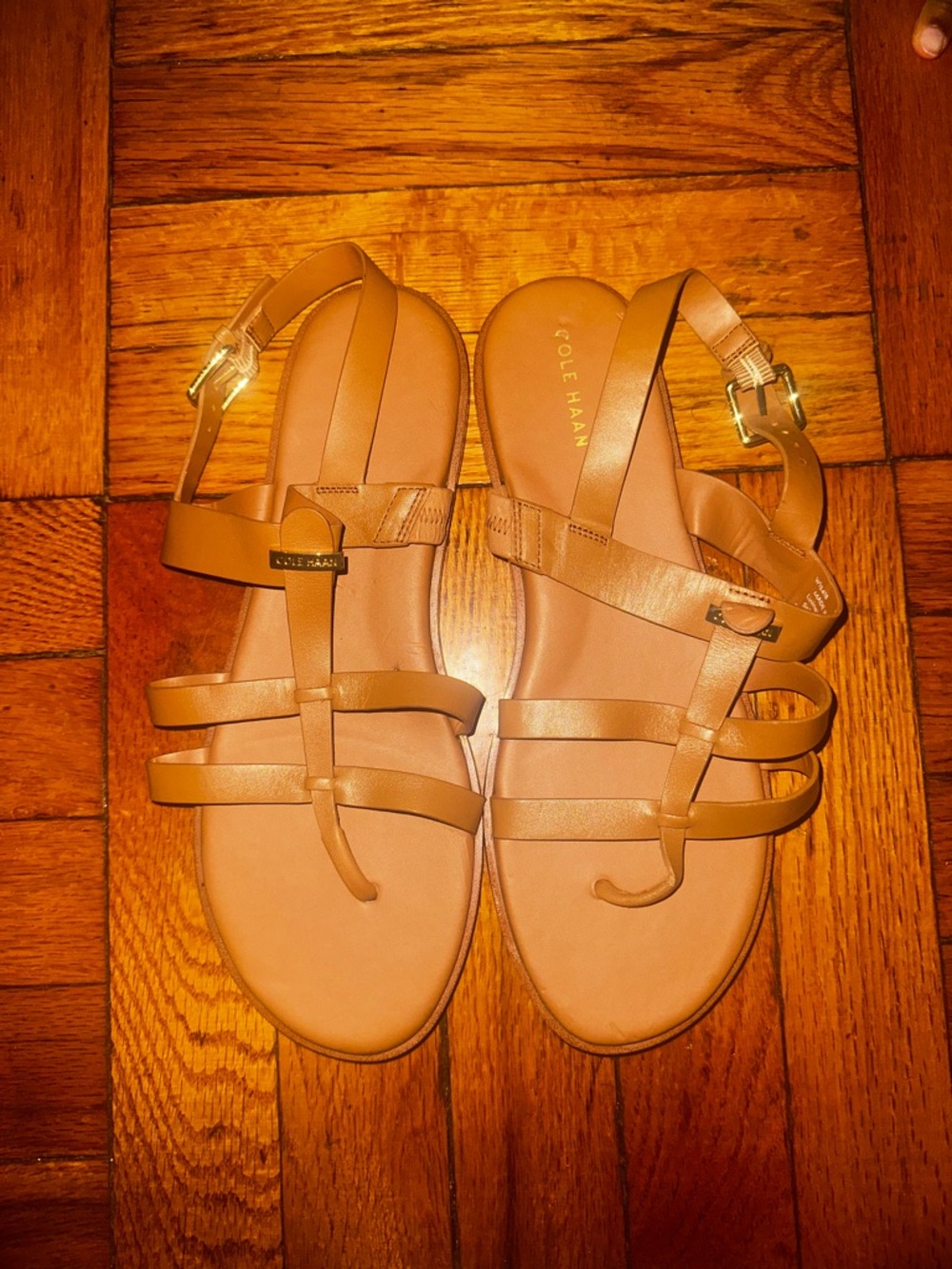 Cole Haan Women's Tan Leather Multi-Strap Sandals with Gold Buckles